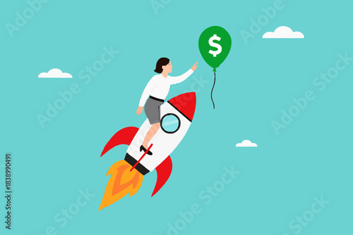 achieve financial goal with startup business success, startup business management to reach financial freedom, businesswoman flying using startup business rocket to reach balloon with dollar money