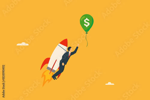 achieve financial goal with startup business success, startup business management to reach financial freedom, businesswoman flying using startup business rocket to reach balloon with dollar money
