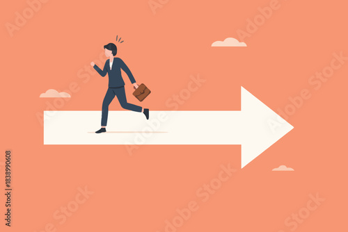 wrong direction lead to mistake, mislead or false to get lost concept, leadership decision to be difference or opposite, Confused businesswoman running in wrong opposite direction of trend arrow