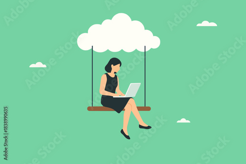 cloud computing on corporate infrastructure, remote work or work from home, technology to connect humans to complete work, woman working using laptop sitting on cloud swing concept illustration