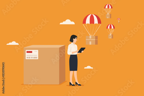 dropshipping delivery checking, open e-commerce website store and let supplier ship product directly to customer concept, Businesswoman track packages sent from drop shipping businesses