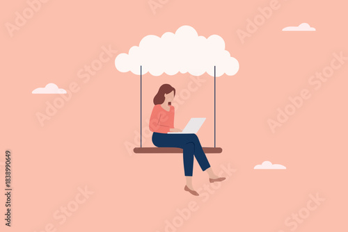 cloud computing on corporate infrastructure, remote work or work from home, technology to connect humans to complete work, woman working using laptop sitting on cloud swing concept illustration
