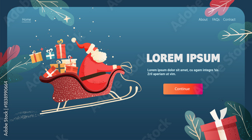 Santa Christmas sleigh with gifts festive winter background snow blue website landing page template