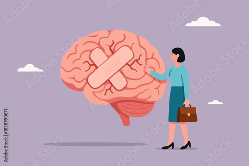 businesswoman treats Human Brain With Adhesive Plaster, businesswoman placing bandage on injury, healing or relaxation of the mind