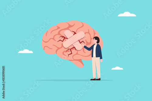 businesswoman treats Human Brain With Adhesive Plaster, businesswoman placing bandage on injury, healing or relaxation of the mind