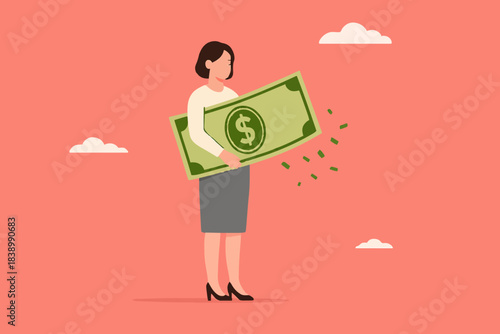 lost money investment in economic recession or falling stock market value, businesswoman holding large dollar banknotes that are crumbling and decreasing in value concept vector illustration
