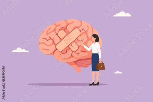 businesswoman treats Human Brain With Adhesive Plaster, businesswoman placing bandage on injury, healing or relaxation of the mind