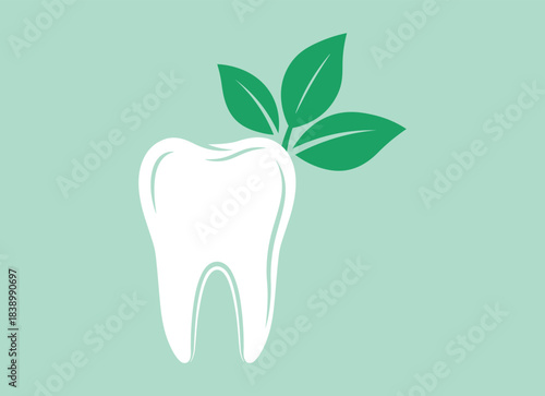 White tooth with green leaves on light green background dental health