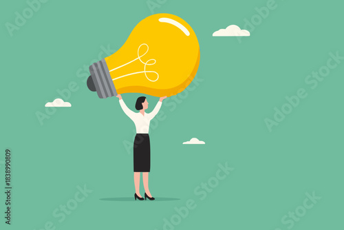 businesswoman bring big light bulb idea for new product idea or business opportunity, finding new idea, creativity or innovation to create new product, solution to solve problem or fix mistake concept
