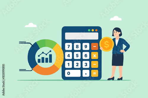 fund allocation graph, cost structure calculation of expenses and income in business, budget analysis office operational costs, woman carrying banknotes next to calculator and funding pie chart