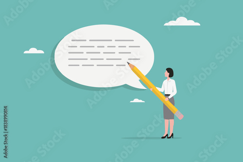 written communication, woman writing communication message on speech bubble, communicate via message or text, Email writing skill for career success, make online newsletter for company promotion