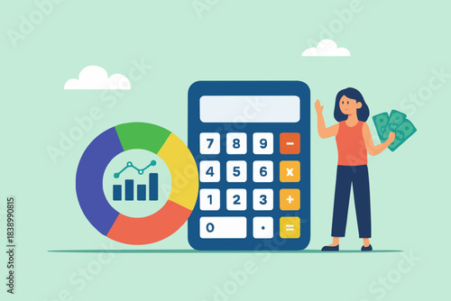 fund allocation graph, cost structure calculation of expenses and income in business, budget analysis office operational costs, woman carrying banknotes next to calculator and funding pie chart