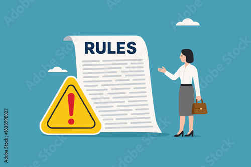 work rules and regulation, company standard operating procedures, Company policies for employee guidelines, smart businesswoman finishes writing work rules and regulations document concept