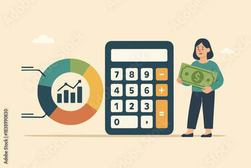 fund allocation graph, cost structure calculation of expenses and income in business, budget analysis office operational costs, woman carrying banknotes next to calculator and funding pie chart