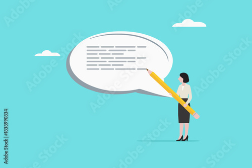 written communication, woman writing communication message on speech bubble, communicate via message or text, Email writing skill for career success, make online newsletter for company promotion