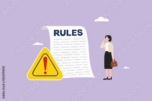 work rules and regulation, company standard operating procedures, Company policies for employee guidelines, smart businesswoman finishes writing work rules and regulations document concept