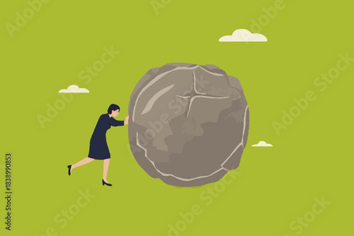 effort to achieve business goals or target, Obstacles and challenge at work, business heavy tasks and problems concept vector illustration, Businesswoman pushing huge stone illustration
