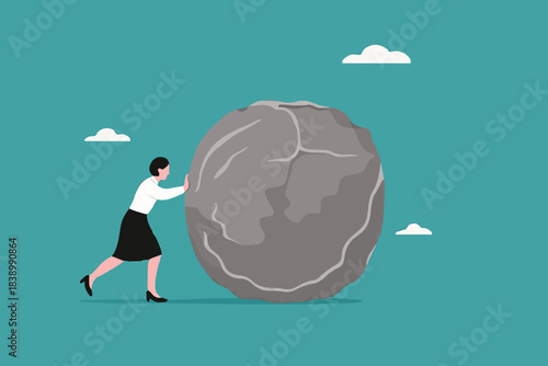 effort to achieve business goals or target, Obstacles and challenge at work, business heavy tasks and problems concept vector illustration, Businesswoman pushing huge stone illustration