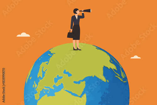 global opportunities, strategy or procedure to achieve business objective, businesswoman use telescope while climb up on big globe concept vector illustration with flat design style