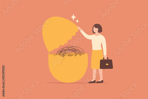 investment fraud, stock market investment scam, Stunned businesswoman investors open fake egg investment containing messy lines