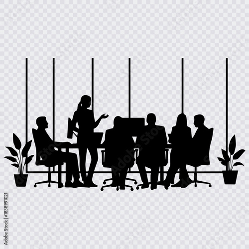 A black silhouette icon of a business team meeting with six people (one standing and speaking) around a conference table near large windows.