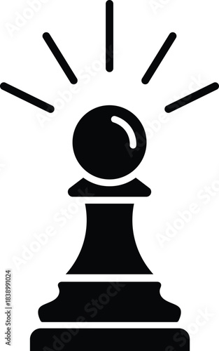 Black chess pawn with radiating light lines on white background strategy idea