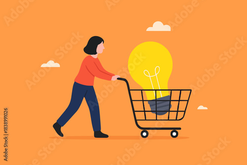 tutoring or skills development, buy online courses or take training to improve skills, businesswoman buys light bulb idea puts it in shopping cart
