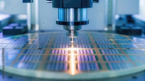 High-tech machinery processes a silicon wafer in a cleanroom environment, showcasing semiconductor manufacturing technology.