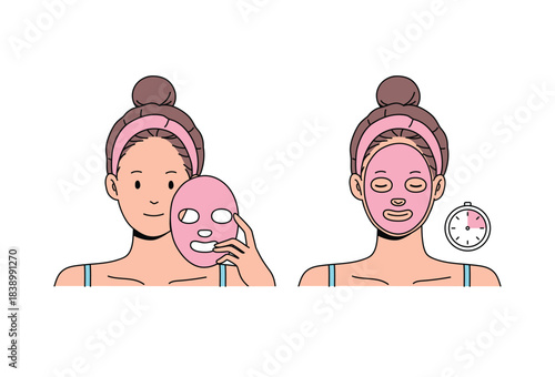 Woman apply sheet mask. Vector Flat Design.