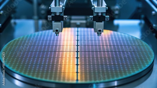 Close-up of a semiconductor wafer being processed by robotic arms in a cleanroom environment.