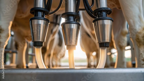 Milking machine apparatus in action, extracting milk from cows in a dairy farm setting, showcasing modern agricultural technology.