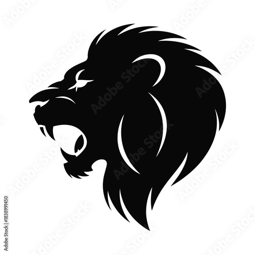 Roaring lion head silhouette, majestic king of the jungle, wild animal portrait, fierce and powerful beast, symbol of strength and leadership