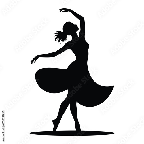 Silhouette of ballerina dancing gracefully with arms raised and skirt flowing, performing on stage or practice, elegant and dynamic pose in a studio setting