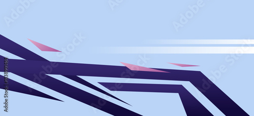 A modern abstract design featuring bold geometric purple lines, scattered pink triangles, and subtle light blue gradient speed lines, ideal for tech and presentation visuals.