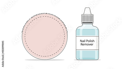 Illustration of a round cotton pad and a bottle of nail polish remover