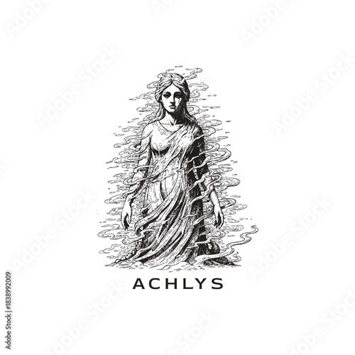 Surreal Illustration of Achlys, the Greek goddess or spirit of sadness, mist, and death, depicted as a melancholy