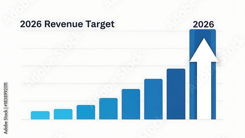 Blue bar graph showing increasing revenue target for the year 2026 with a white upward arrow on the tallest bar