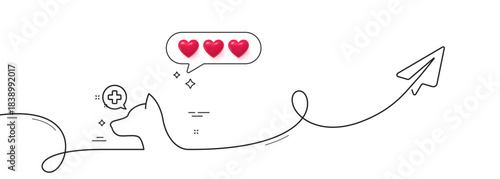 Veterinary clinic line icon. Continuous line with share plane. Dog care sign. Pets health symbol. Hearts rate review in speech bubble. Veterinary clinic single line ribbon. Loop curve pattern. Vector