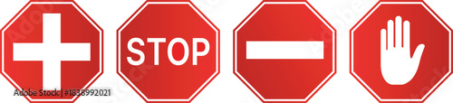 Red octagonal signs with white symbols stop no entry hand and cross stop sign no entry sign