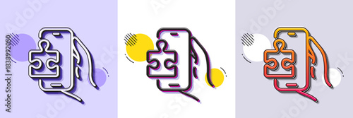 Puzzle game line icon. Halftone dotted pattern. Gradient icon with grain shadow. Jigsaw piece with phone sign. Business challenge symbol. Line puzzle game icon. Various designs. Vector