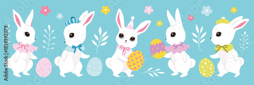 Cute Easter white bunnies, color clothes, cutie bows, pattern eggs. Spring collection. Sticker design. Set of Easter themed images including easter eggs, pretty rabbits. Happy Easter. Greeting cards