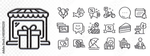 Smile face, Carry-on baggage and Discounts ribbon line icons for web app. Glare of light effect. Message icon. Pack of Bike, Love letter, Baggage cart pictogram icons. Vector