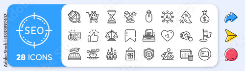 Holidays shopping, Justice scales and Money bag line icons. Interest rate, AI generate, Inflation icons. Pack of Typewriter, Hold heart, Dice icon. Vector