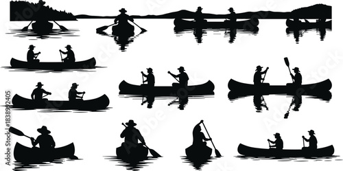 Canoe, paddling, silhouette, posture, gesture, water, ripple, tree, mountain, hat, recreation, outdoor, motion, setup, nature, lake, river, vector, black, pose,  