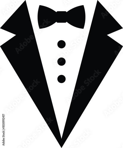 Black tuxedo with bow tie and three buttons on white background formal wear black and white