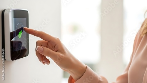Woman's hand adjusting smart thermostat for energy-efficient home climate control
