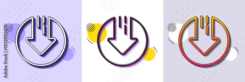 Download line icon. Halftone dotted pattern. Gradient icon with grain shadow. Down arrow sign. Discount symbol. Line download arrow icon. Various designs. Vector