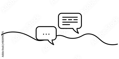 Communication connection concept with two outline speech bubbles, one showing ellipsis, another showing text lines, linked by a wavy path. Vector, illustration