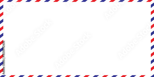 Airmail Envelope frame images with strips. International vintage letter border. Retro air mail postcard with blue and red stripes.  Empty classic postal frame. Vector illustration.modern