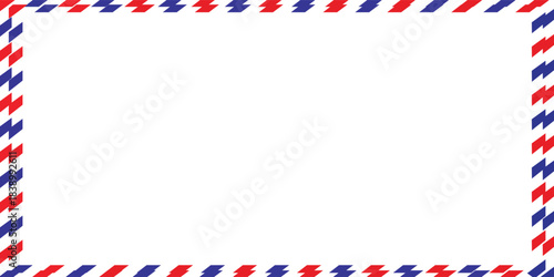 Airmail Envelope frame images with strips. International vintage letter border. Retro air mail postcard with blue and red stripes.  Empty classic postal frame. Vector illustration.modern